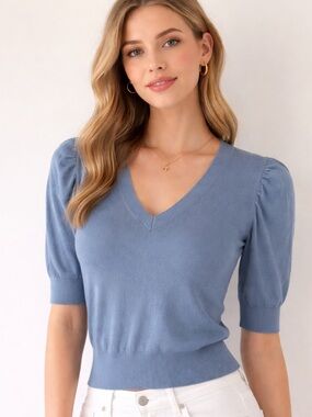 White House Black Market WHBM Small Cashmere Blend Sweater Blue Puff Sleeve Top